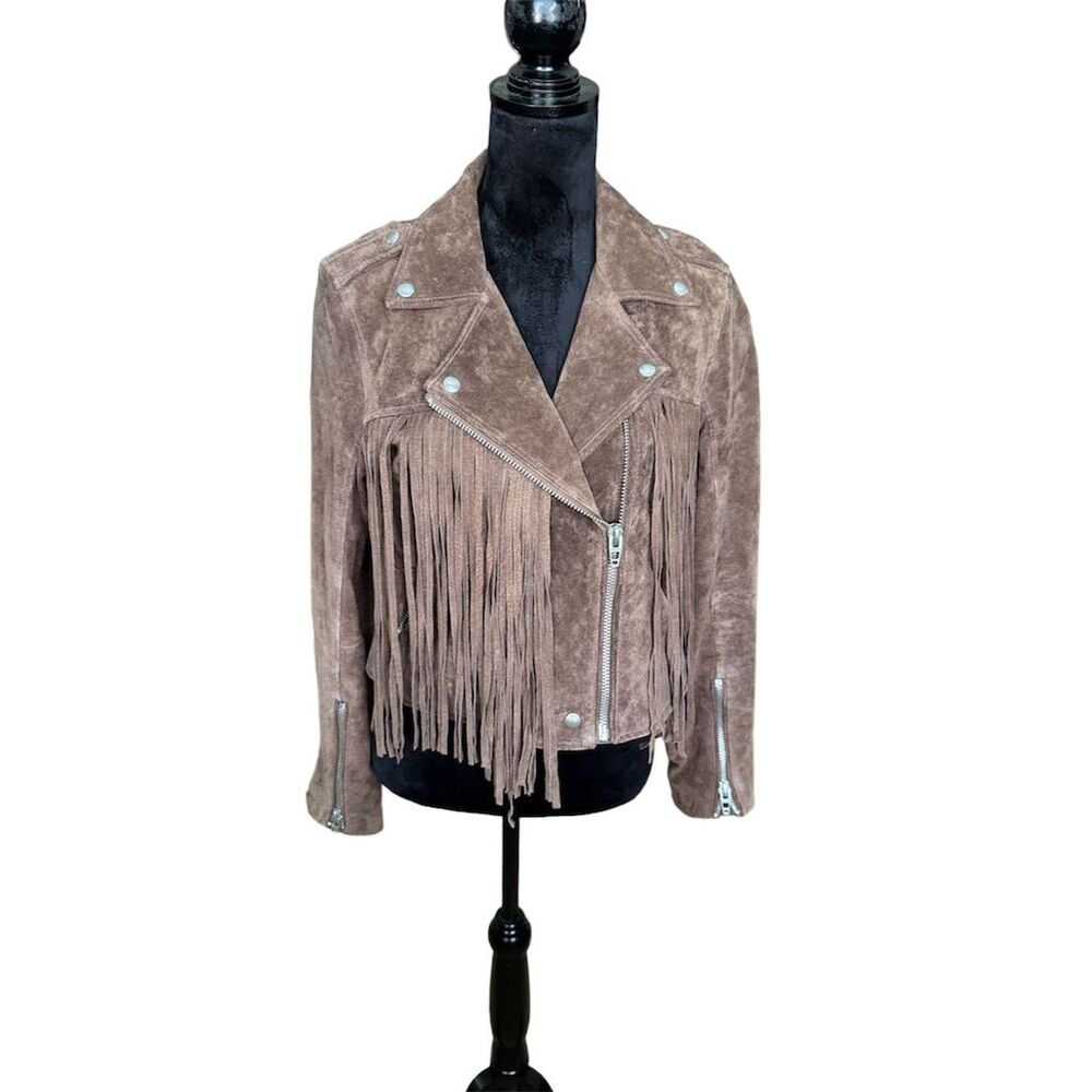 Blank NYC Women's Fringe Suede Moto Jacket Brown Size S